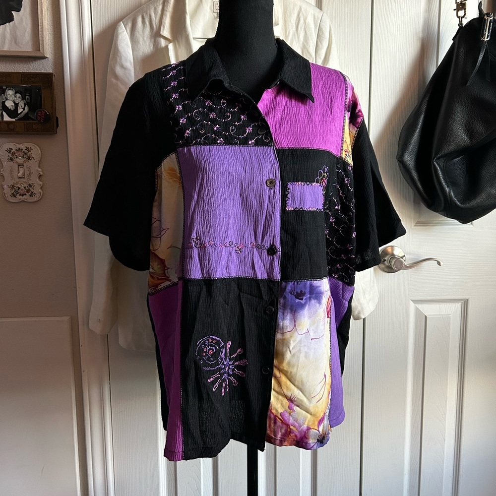 Vintage black and purple patchwork embroidered button down blouse